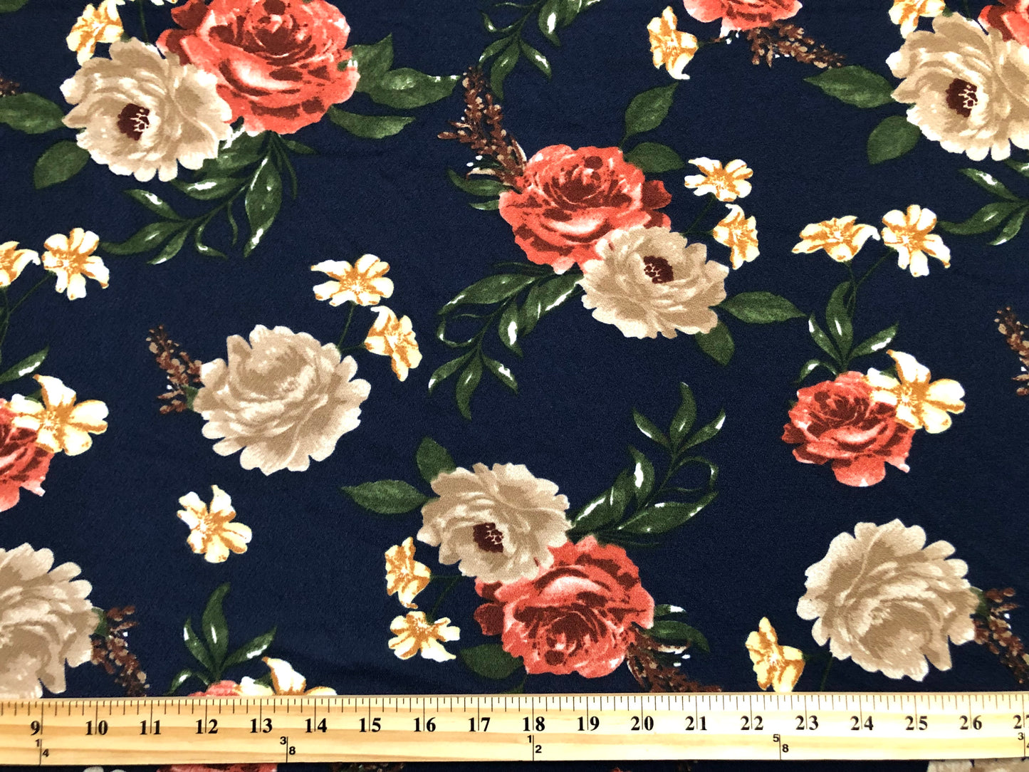 Liverpool Knit Printed Fabric-Navy Blue Brown Red Roses-LVPR279-Sold by the Yard-Apparel Fabric
