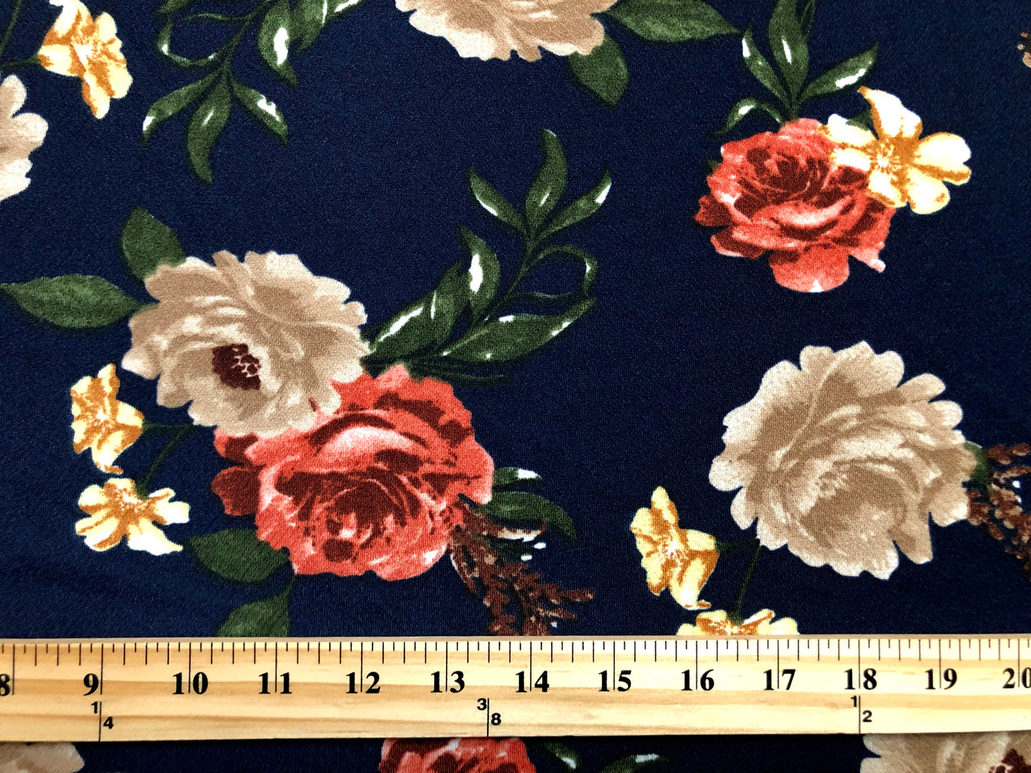 Liverpool Knit Printed Fabric-Navy Blue Brown Red Roses-LVPR279-Sold by the Yard-Apparel Fabric