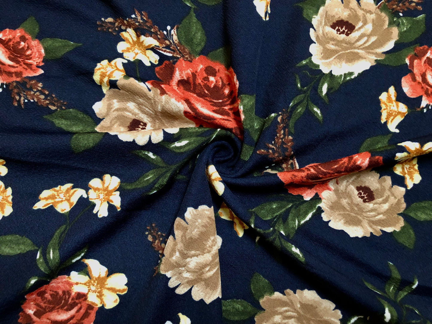Liverpool Knit Printed Fabric-Navy Blue Brown Red Roses-LVPR279-Sold by the Yard-Apparel Fabric