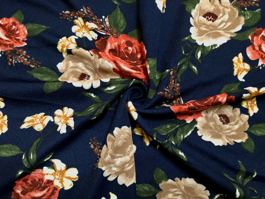 Liverpool Knit Printed Fabric-Navy Blue Brown Red Roses-LVPR279-Sold by the Yard-Apparel Fabric