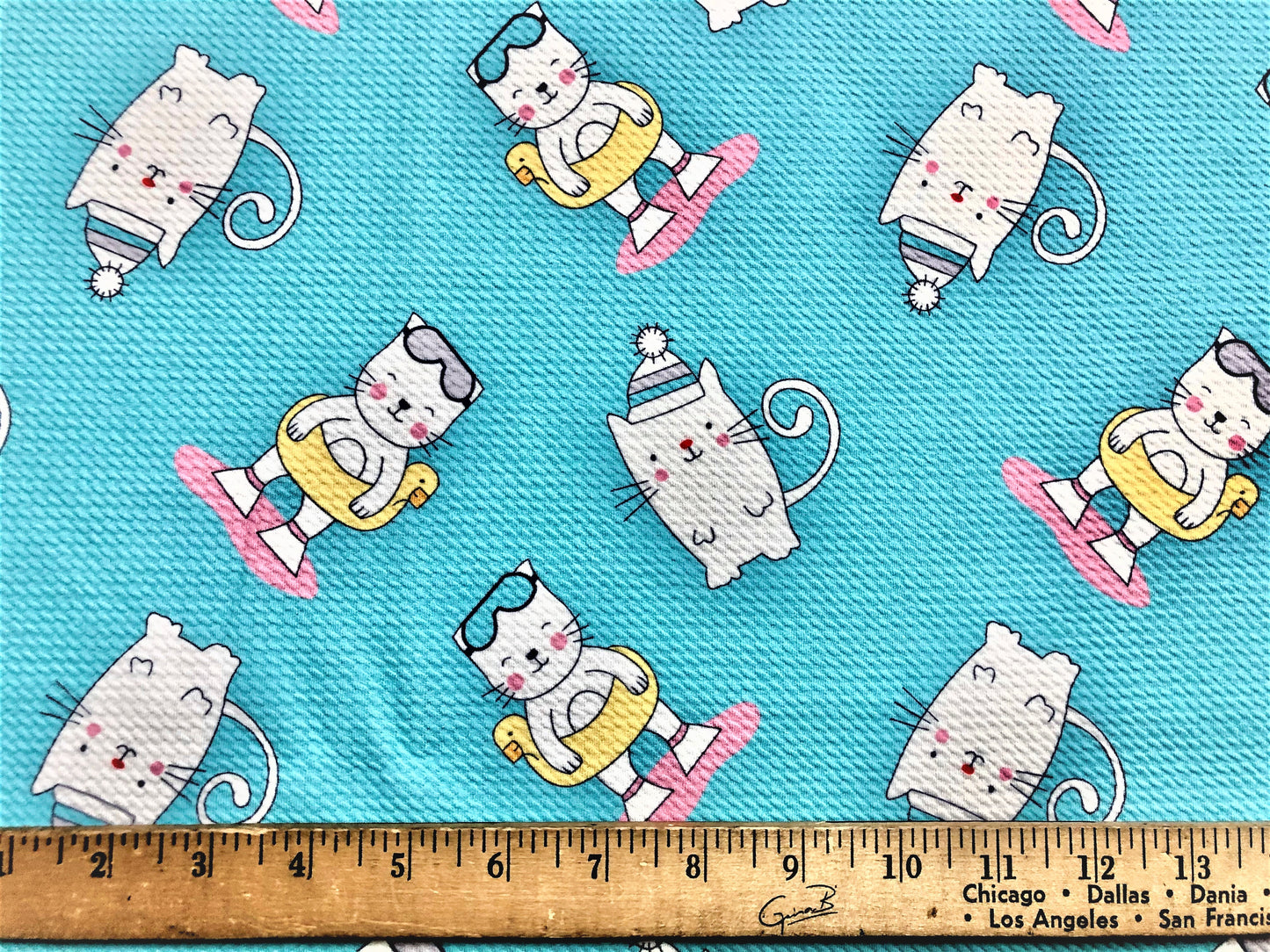 Bullet Knit Fabric - Turquoise Ivory Cats Print, 56″ Wide, Sold by the Yard (BPR004)
