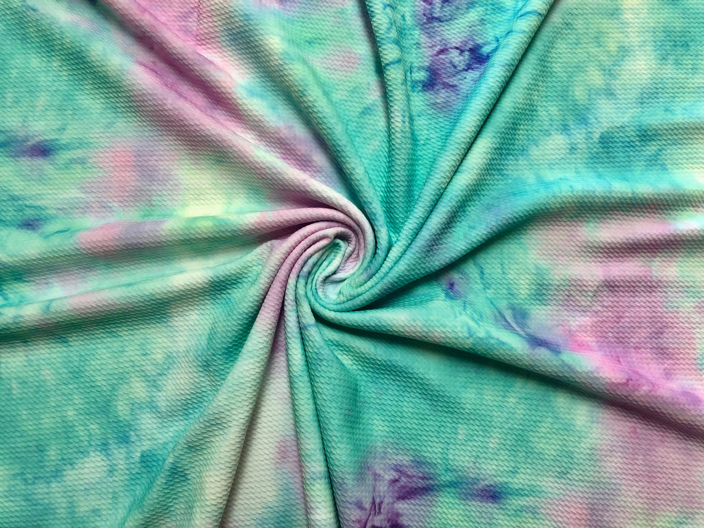 Mint/Pink Watercolor Tie Dye Bullet Knit Fabric – Textured 4 Way Stretch, 58" Wide, 200 GSM – By the Yard (BTD03)