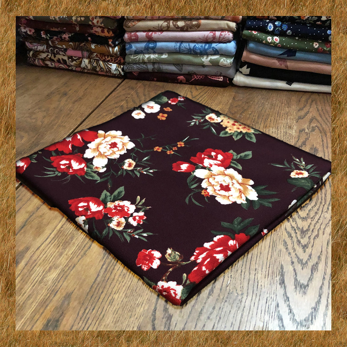 Liverpool Knit Printed Fabric-Maroon Red Mustard Flowers-LVPR307-Sold by the Yard-Apparel Fabric