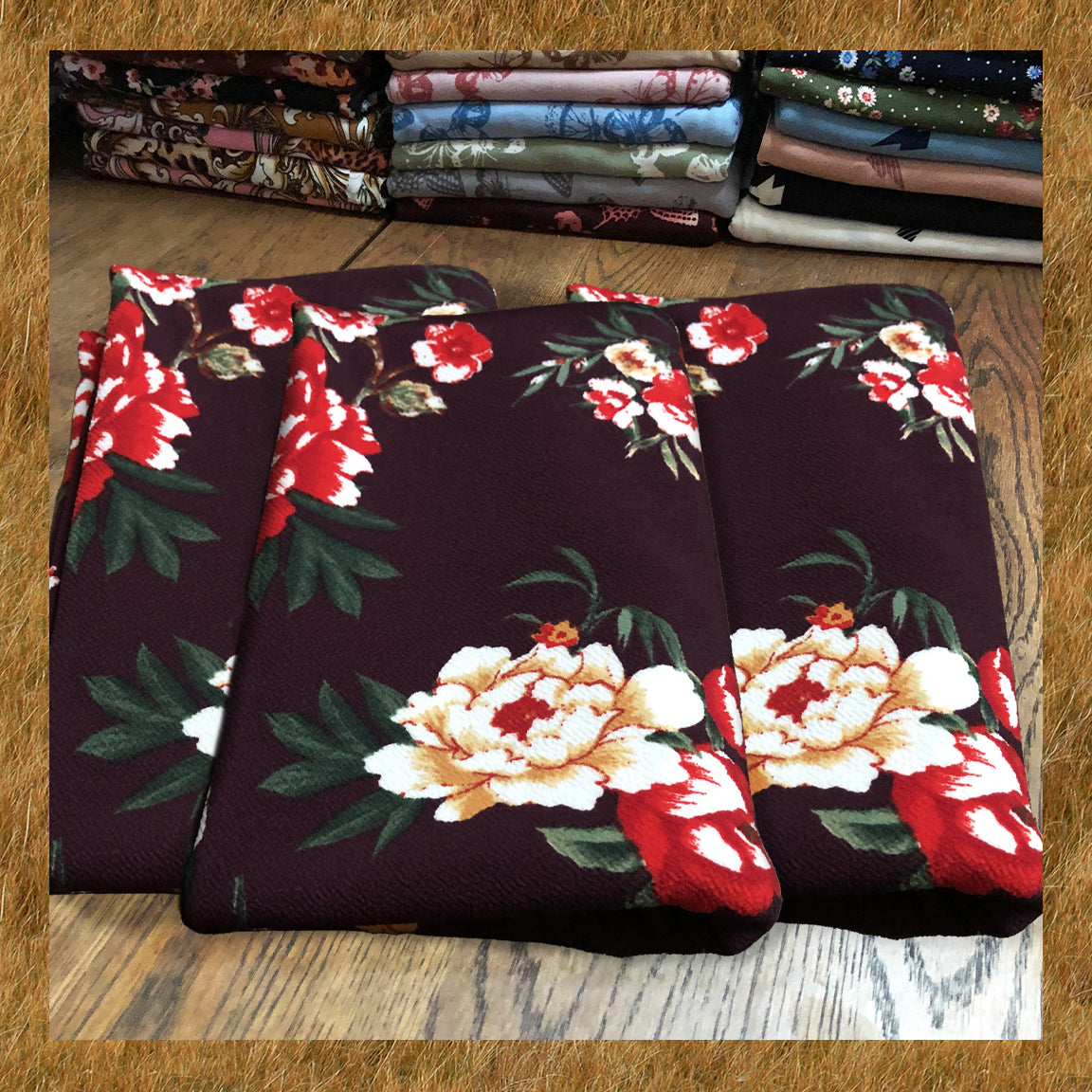 Liverpool Knit Printed Fabric-Maroon Red Mustard Flowers-LVPR307-Sold by the Yard-Apparel Fabric