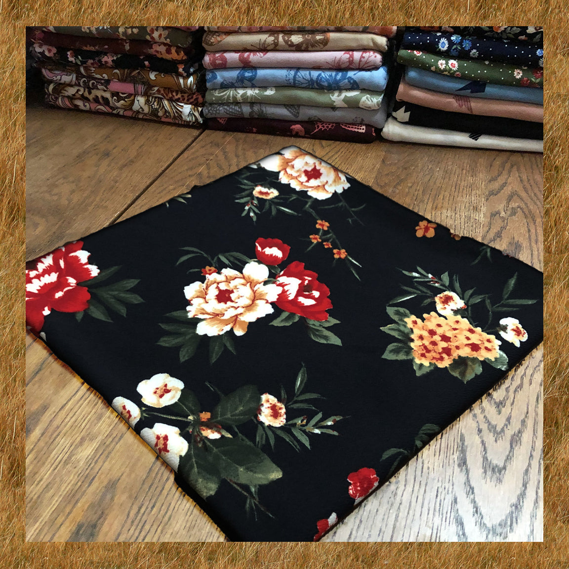 Liverpool Print Fabric-Navy Blue Red Mustard Ivory Flowers-LVPR306-Sold by the Yard-Apparel Fabric