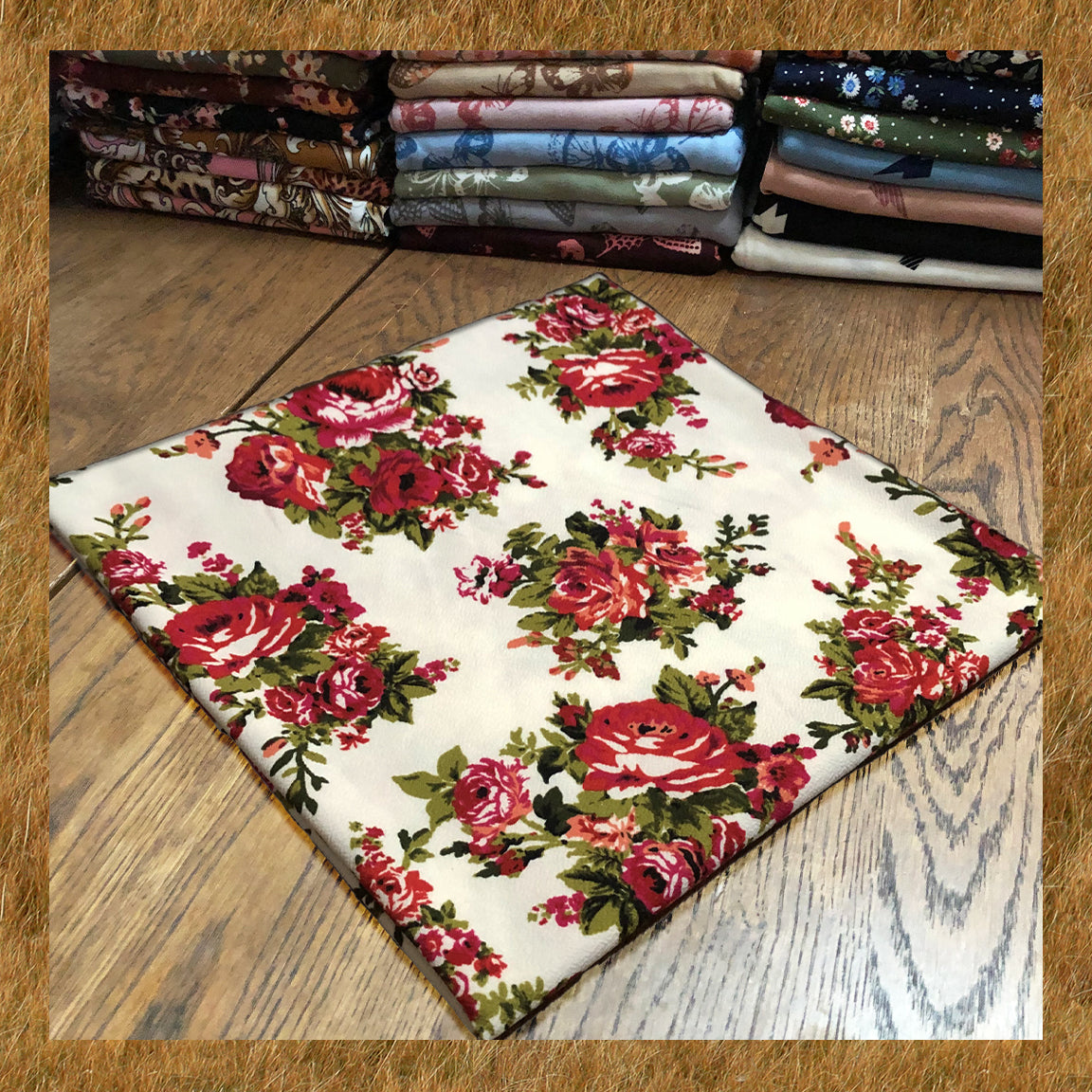 Liverpool Print Fabric-Ivory Red Olive Buquet of Roses-LVPR309-Sold by the Yard-Apparel Fabric