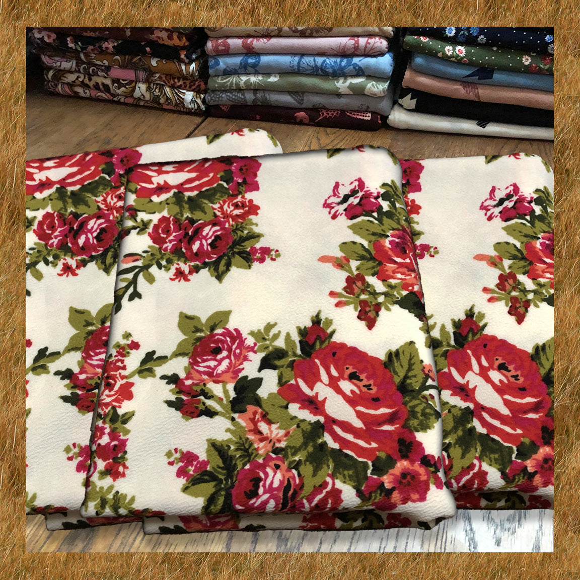Liverpool Print Fabric-Ivory Red Olive Buquet of Roses-LVPR309-Sold by the Yard-Apparel Fabric
