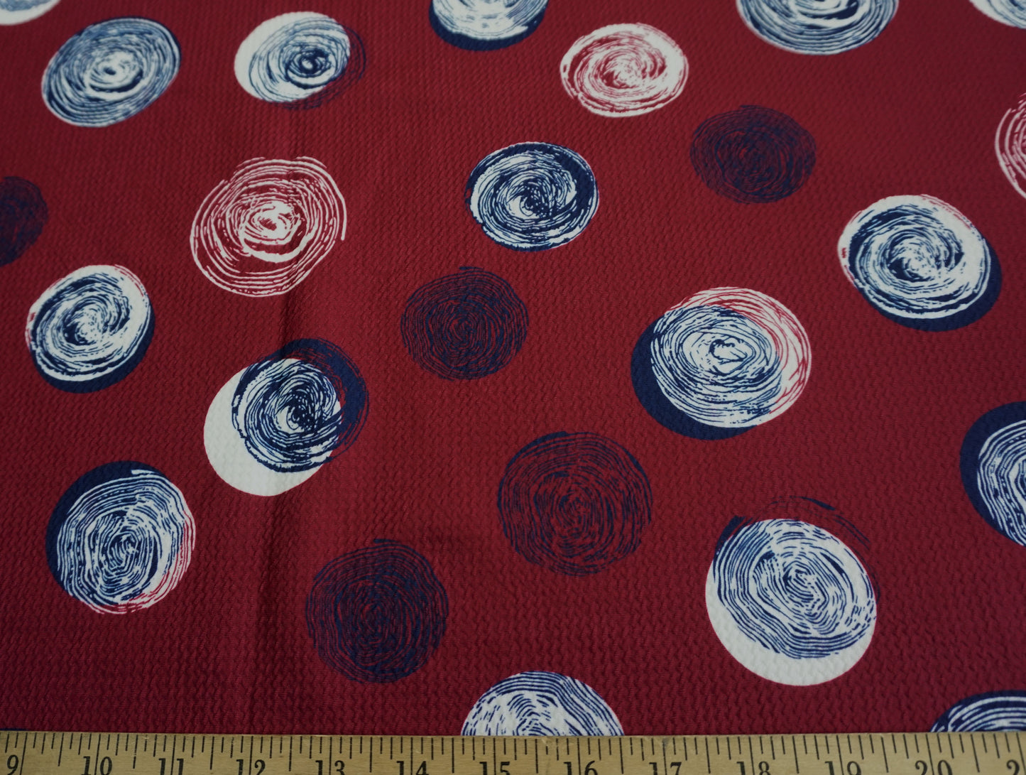 Bullet Knit Fabric - Burgundy White Blue Fingerprints Print, 56″ Wide, Sold by the Yard (BPR086)