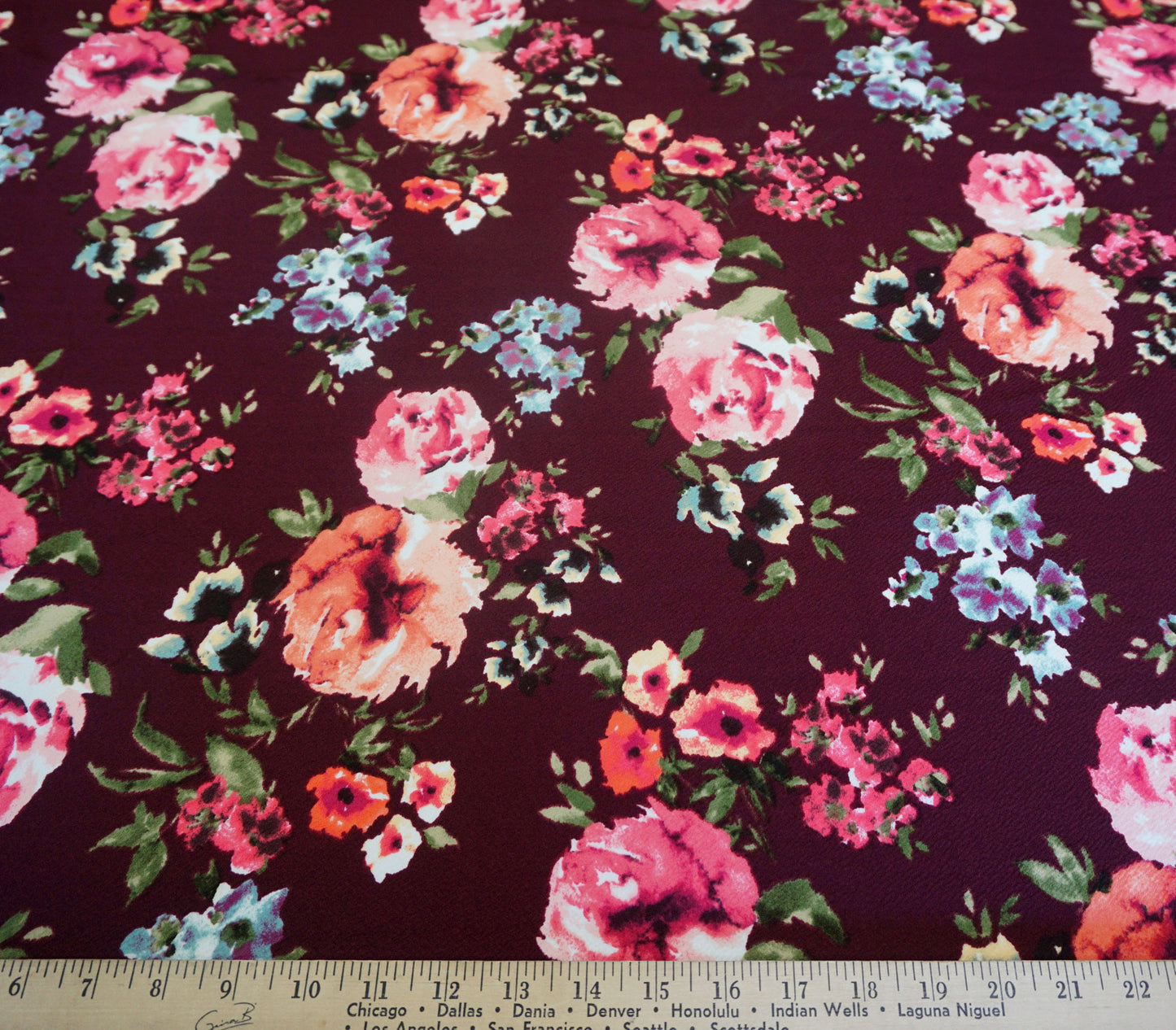 Liverpool Knit – Pink/Peach/Coral/Blue/Green on Maroon Floral – 4-Way Stretch, 56″ Wide, 200 GSM – Sold by the Yard (LVPR049)