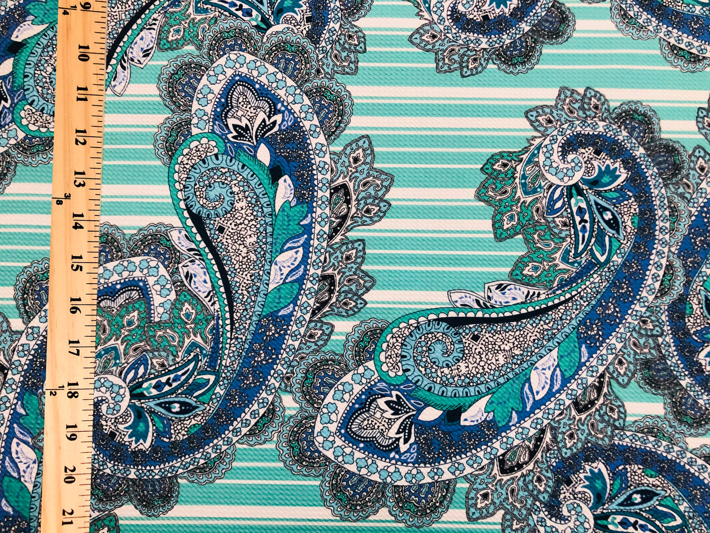 Bullet Knit Fabric – Vibrant Mint Stripes, Blue & White Paisley Motif Print on White, 56″ Wide, Sold by the Yard (BPR237)