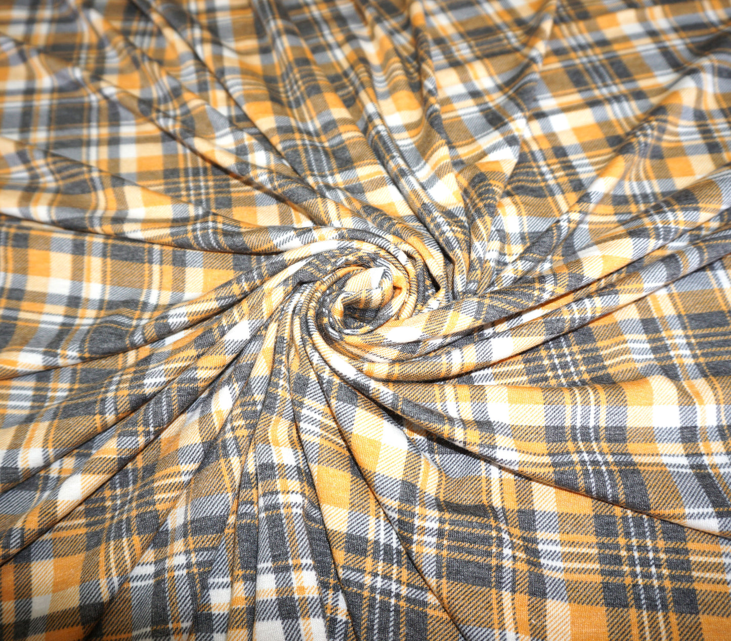 Plaid Jersey Knit Fabric – Mustard Gray White Tartan – 65% Polyester / 32% Rayon / 3% Spandex – 58" Wide – Sold by the Yard (PRSXPR04)