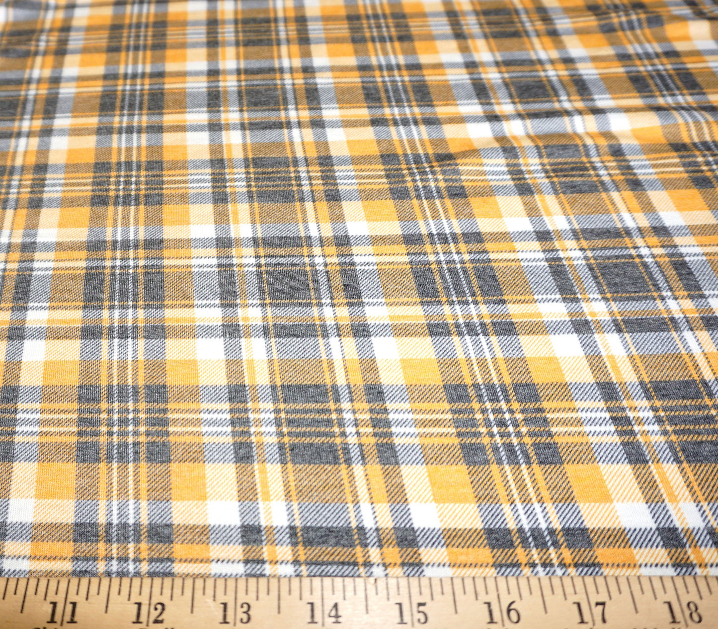 Plaid Jersey Knit Fabric – Mustard Gray White Tartan – 65% Polyester / 32% Rayon / 3% Spandex – 58" Wide – Sold by the Yard (PRSXPR04)