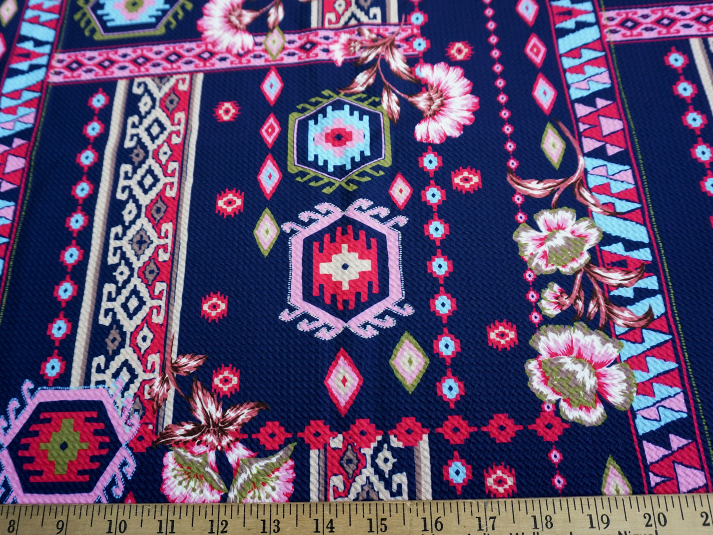 Bullet Knit Fabric - Navy Blue Fuchsia Aztec Print, 56″ Wide, Sold by the Yard (PR051)