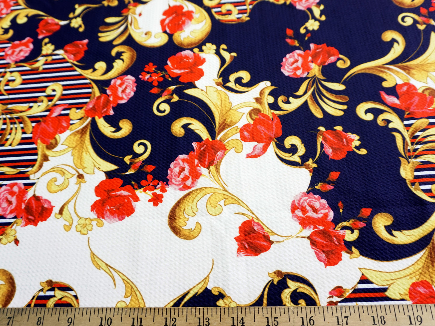 Bullet Knit Fabric - Navy Blue White Red Flowers & Damask Print, 56″ Wide, Sold by the Yard (BPR083)
