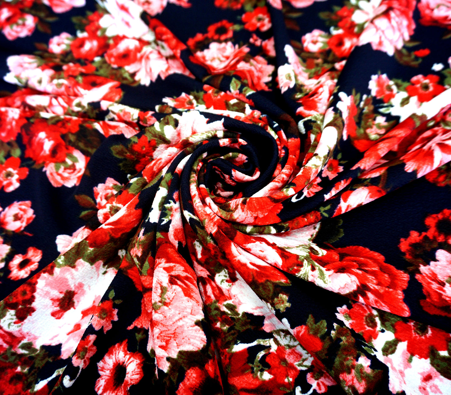 Liverpool Knit Printed Fabric-Navy Blue Pink Roses-LVPR090-Sold by the Yard-Apparel Fabric