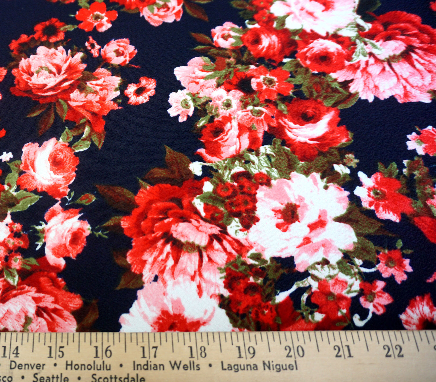 Liverpool Knit – Red/Pink/White & Green Leaves on Navy Floral – 4-Way Stretch, 56″ Wide, 200 GSM – Sold by the Yard (LVPR090)