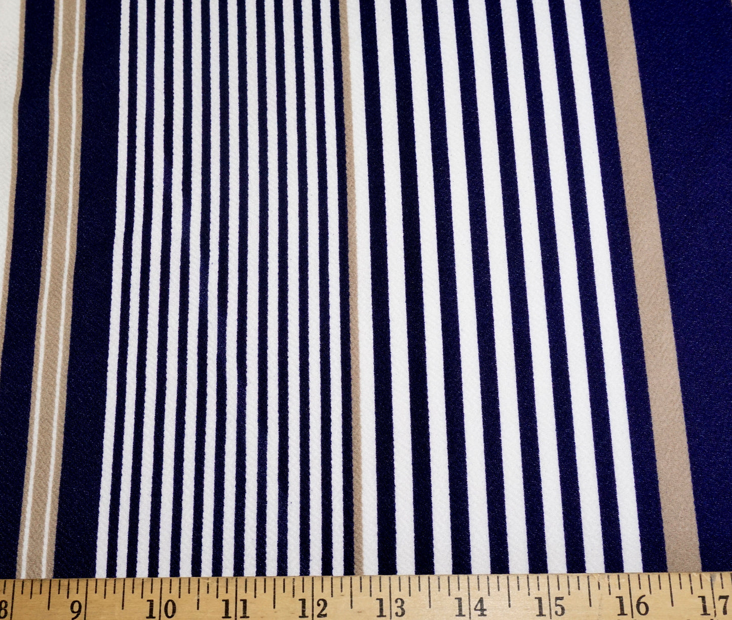 Liverpool Knit – Navy, Taupe & Ivory Vertical Stripes – 4-Way Stretch, 56″ Wide, 200 GSM – Sold by the Yard (LVPR114)