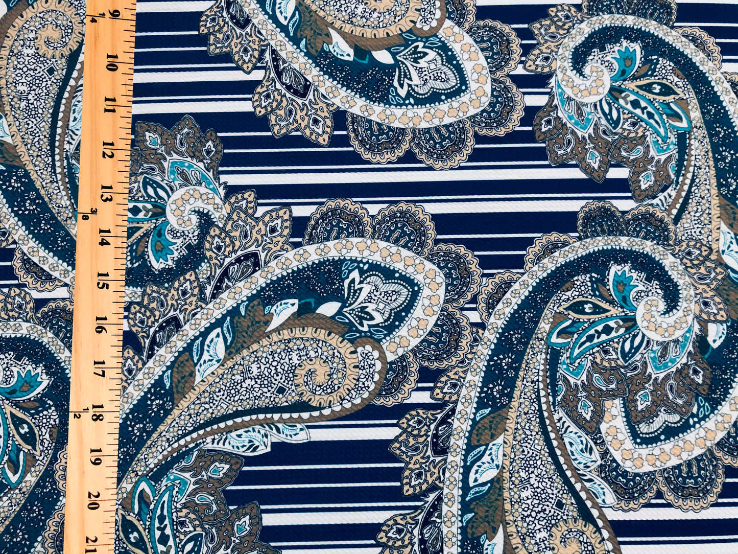 Bullet Knit Fabric – Vibrant Navy Stripes, Teal & Gold Paisley Motif Print on White, 56″ Wide, Sold by the Yard (BPR238)