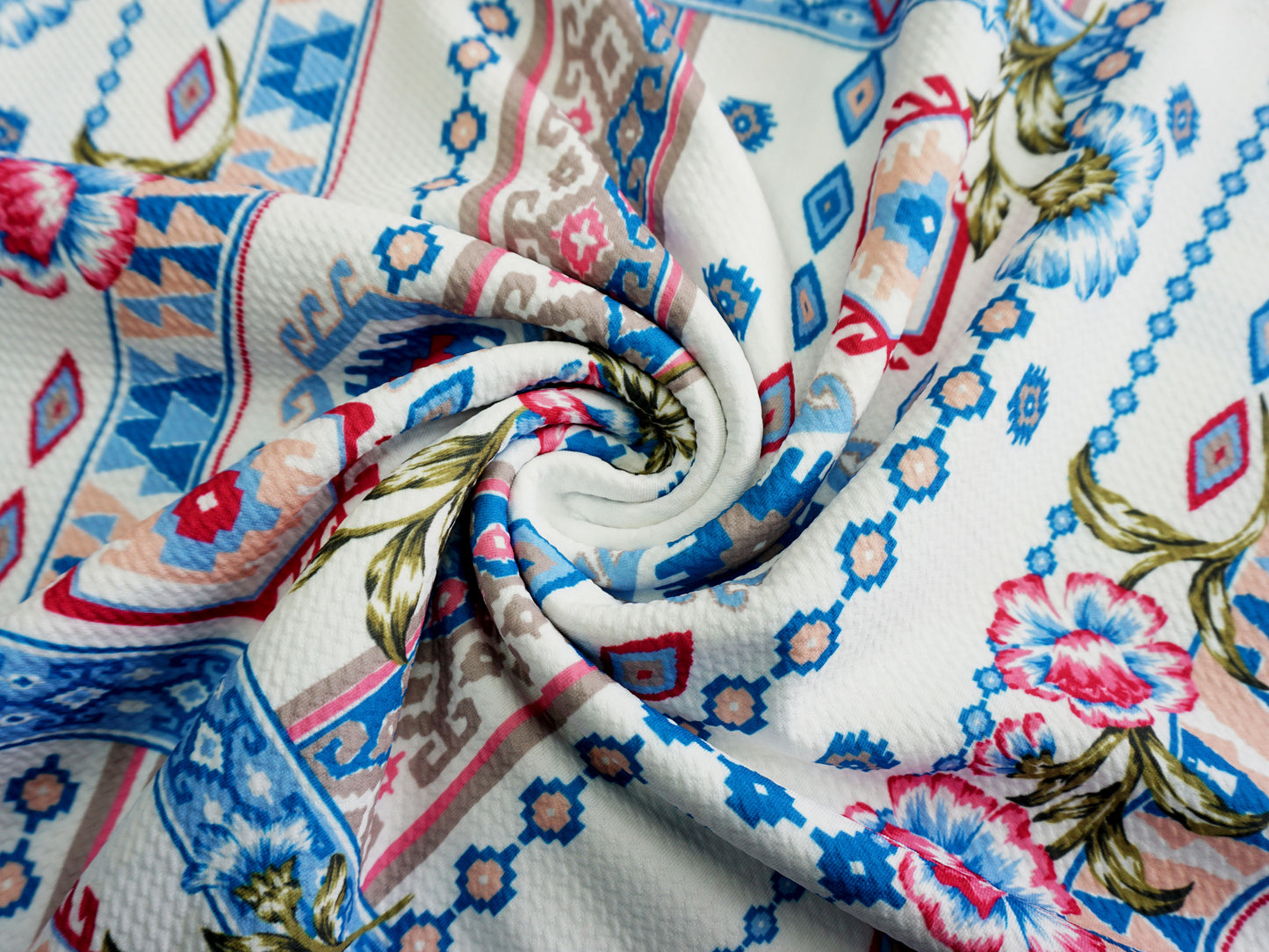 Bullet Knit Fabric - Ivory Blue Aztec Print, 56″ Wide, Sold by the Yard (BPR038)