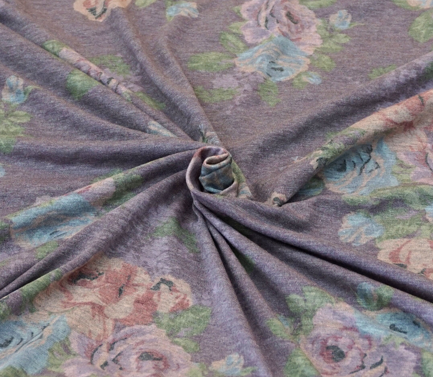 Faded Purple Green Red Roses Poly Rayon Blend Print Fabric – Stretch Floral Jersey Knit – 65% Polyester / 32% Rayon / 3% Spandex – 58″ Wide – Sold by the Yard (PRSXPR02)