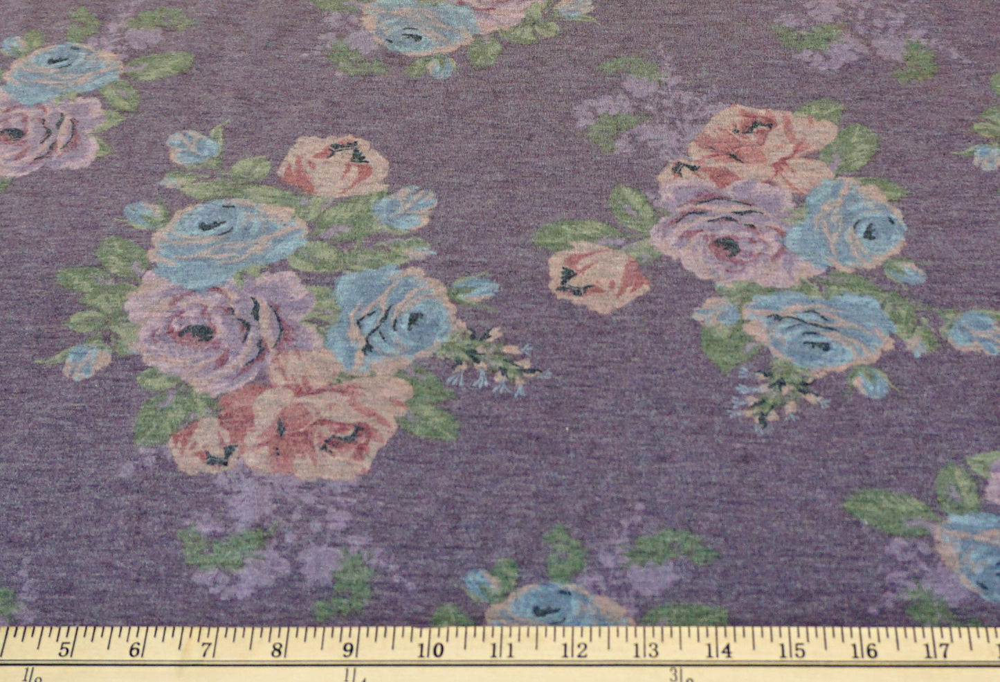 Faded Purple Green Red Roses Poly Rayon Blend Print Fabric – Stretch Floral Jersey Knit – 65% Polyester / 32% Rayon / 3% Spandex – 58″ Wide – Sold by the Yard (PRSXPR02)