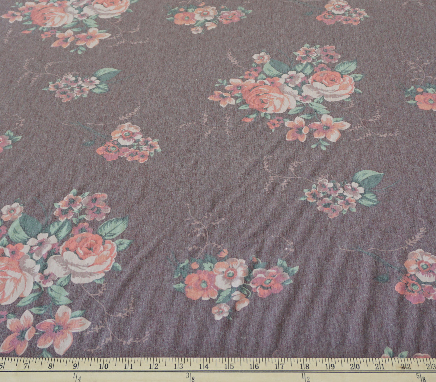 Faded Maroon Green Red Roses Poly Rayon Blend Print Fabric – Stretch Floral Jersey Knit – 65% Polyester / 32% Rayon / 3% Spandex – 58″ Wide – Sold by the Yard (PRSXPR014)