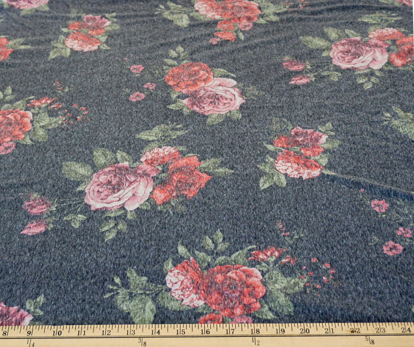 Charcoal Gray Pink Roses Poly Rayon Blend Stretch Floral Jersey Knit Fabric – 65% Polyester / 32% Rayon / 3% Spandex – 58″ Wide – Sold by the Yard (PRSXPR07)