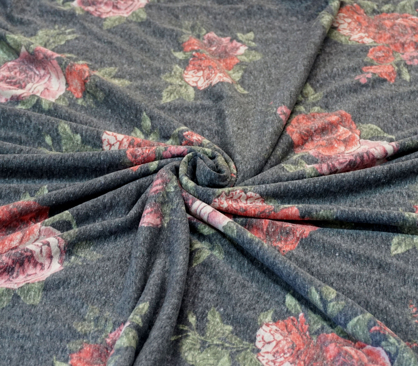 Charcoal Gray Pink Roses Poly Rayon Blend Stretch Floral Jersey Knit Fabric – 65% Polyester / 32% Rayon / 3% Spandex – 58″ Wide – Sold by the Yard (PRSXPR07)