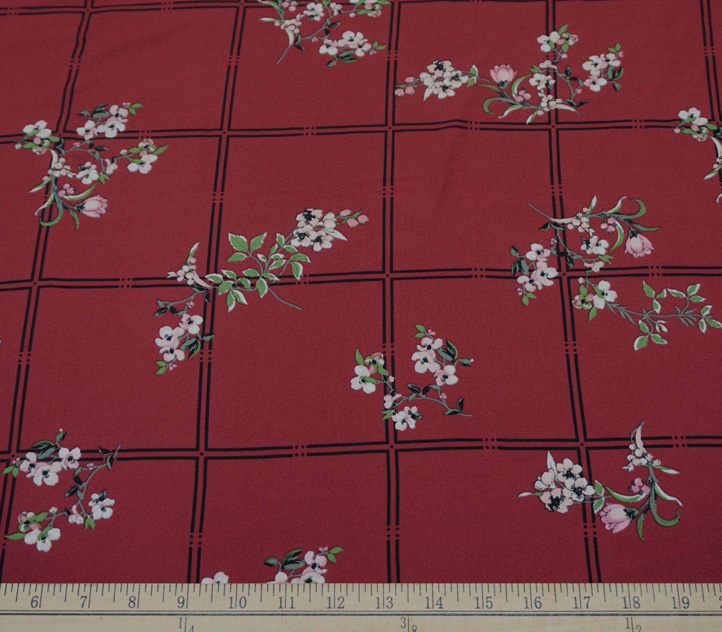 Burgundy Windowpane Floral Rayon Challis Fabric — 56″ Wide, No Stretch — Sold by the Yard (RCHPR014)