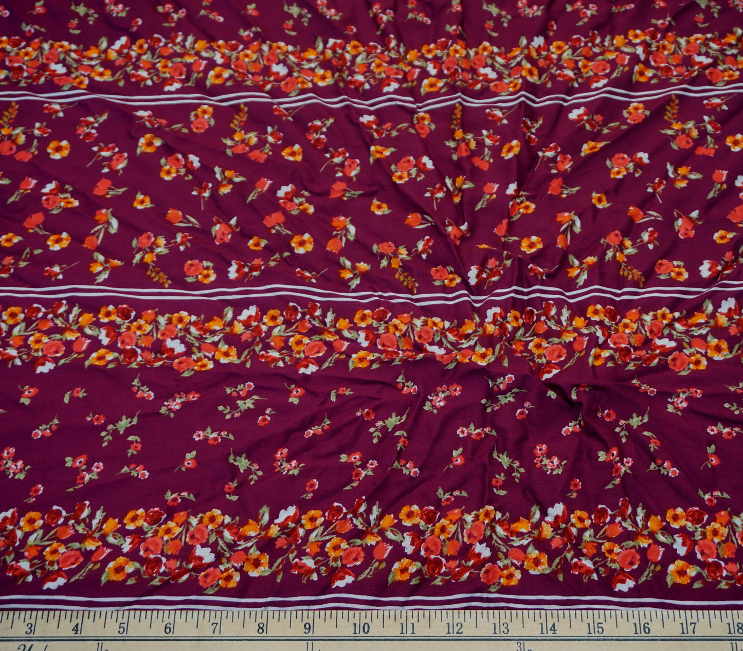 Rayon Challis Fabric — Burgundy Floral Border, 56″ Wide, No Stretch — Sold by the Yard (RCHPR03)