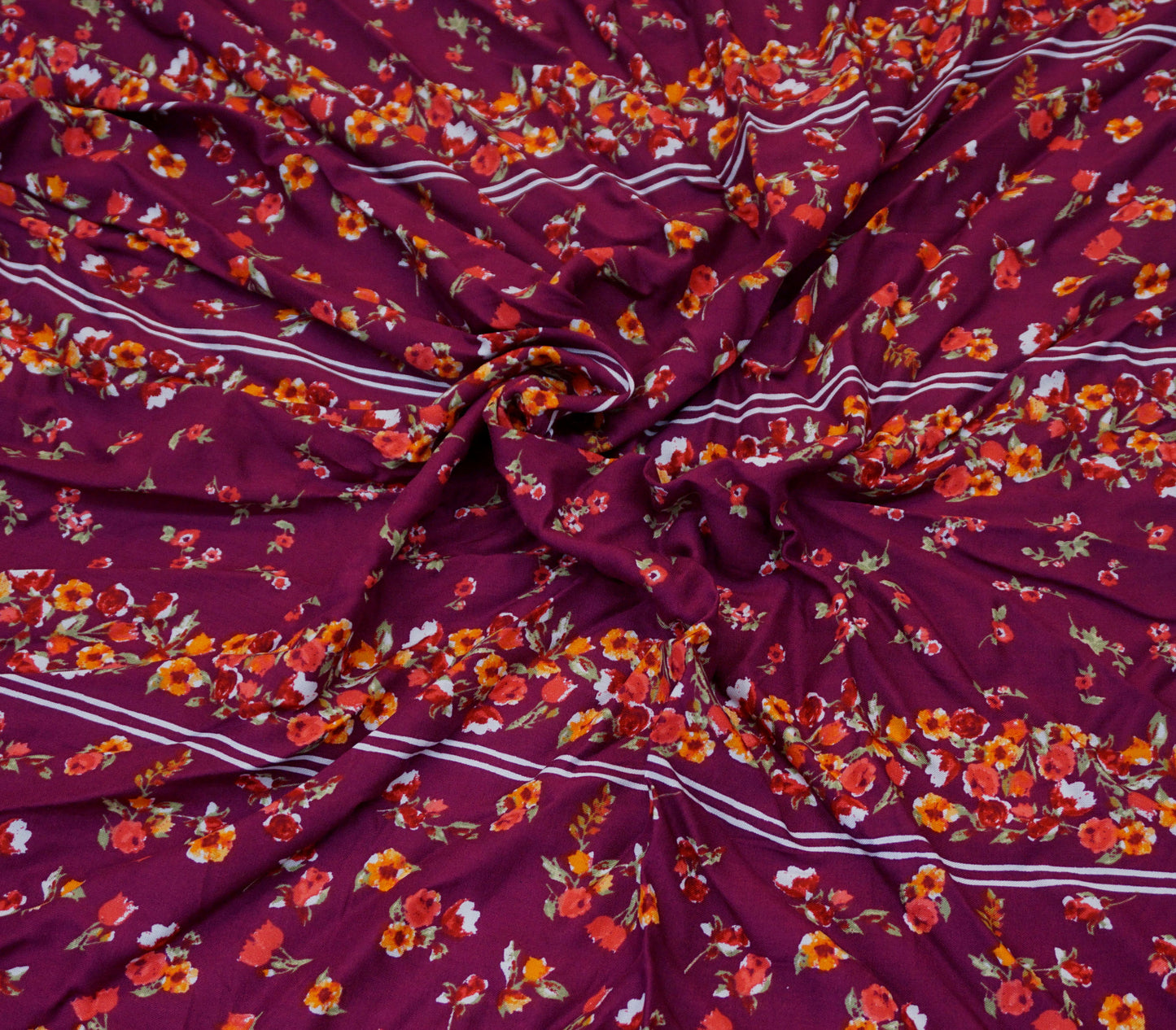 Rayon Challis Fabric — Burgundy Floral Border, 56″ Wide, No Stretch — Sold by the Yard (RCHPR03)