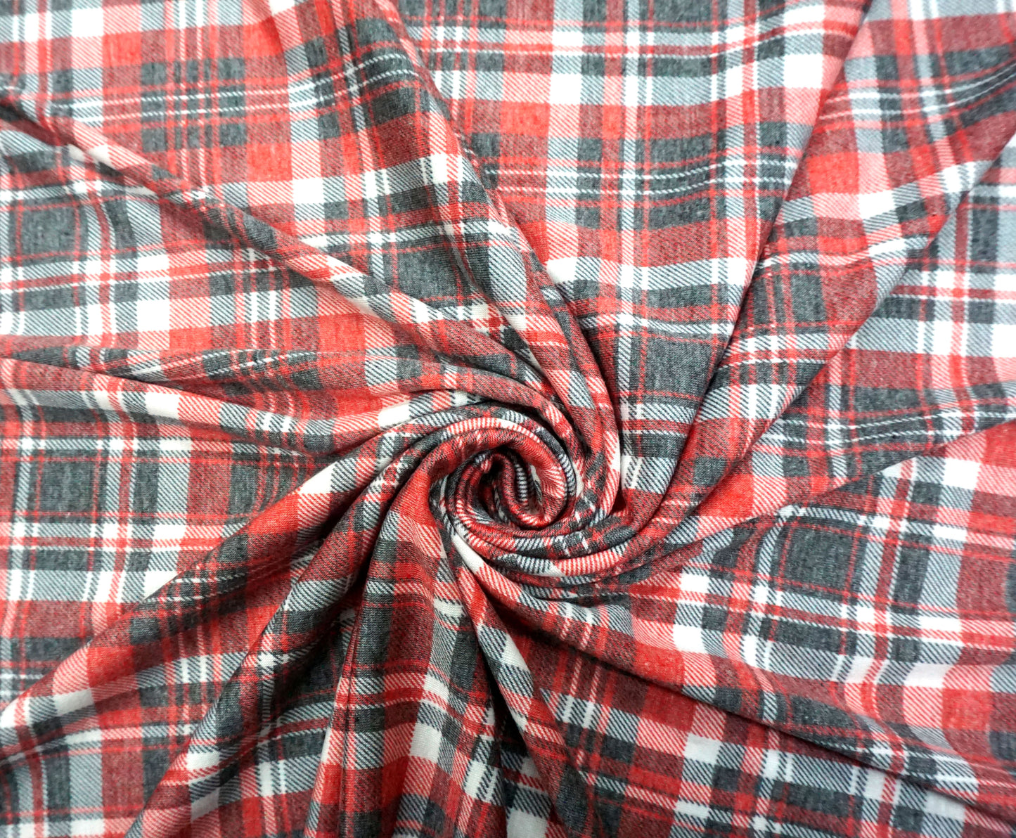 Red Gray White Plaid Jersey Knit Fabric – Poly Rayon Spandex Blend – 65% Polyester / 32% Rayon / 3% Spandex – 58″ Wide – Sold by the Yard (PRSXPR010)