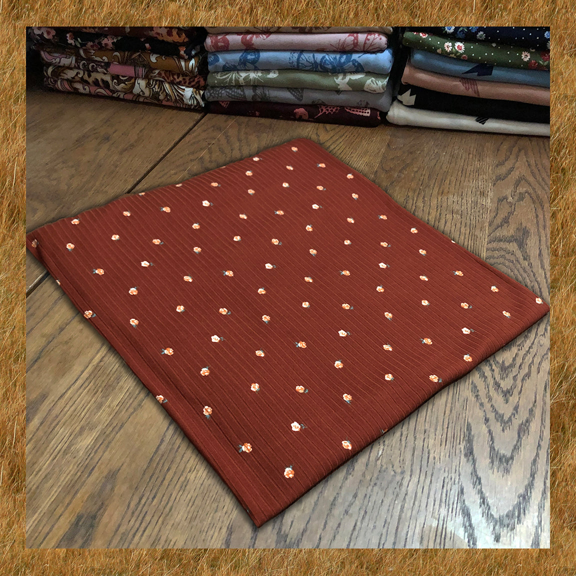 Soft Rib Knit Fabric – Camel Brown with Ivory Rose Buds, 60” Wide, 4 Way Stretch Poly/Rayon/Spandex- Sold by the Yard (PRRPR092)