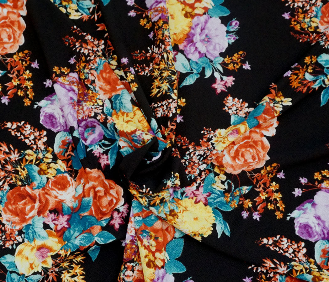 Liverpool Knit – (Coral/Yellow/Purple/Teal) Brown Bouquet Floral – 4-Way Stretch, 56″ Wide, 200 GSM – Sold by the Yard (LVPR027)