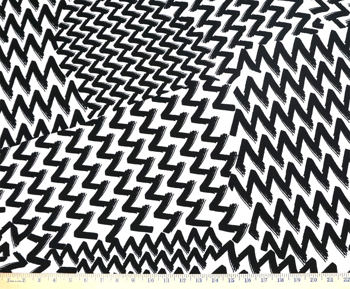 Liverpool Knit – Black & White Brushstroke Zigzag – 4-Way Stretch, 56″ Wide, 200 GSM – Sold by the Yard (LVPR035)