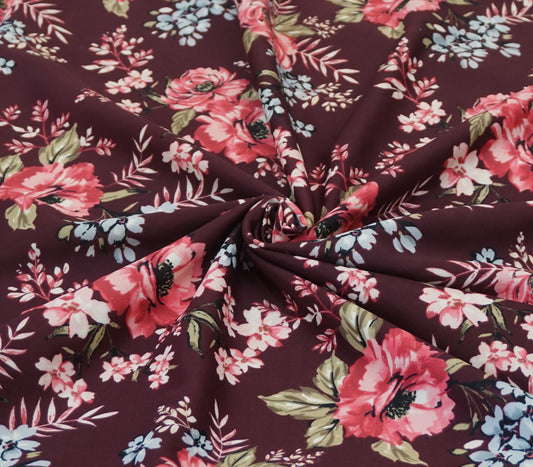 Scuba Techno Knit Fabric — Maroon/Wine with Pink Rose & Light-Blue Floral, Soft-Touch Double Knit, 4-Way Stretch, 56″ Wide, 220 GSM — Sold by the Yard (SCTPR04)