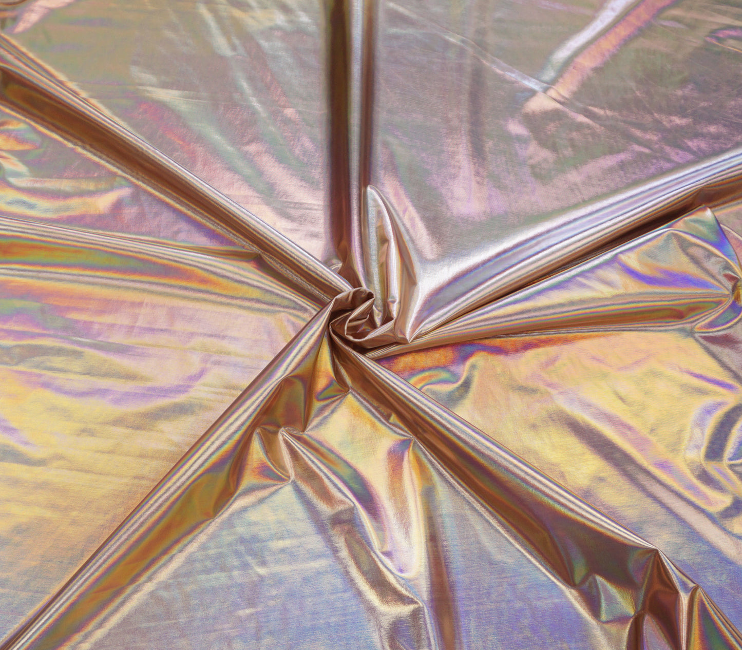 Iridescent Rose Gold Holographic Vinyl — Wet-Look Mirror Gloss, 2-Way Stretch | 58″ Wide | 95% Polyester / 5% Spandex | By the Yard (PVCVH04)