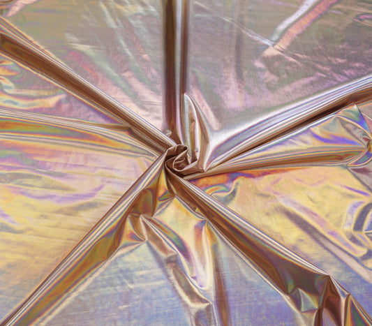 Iridescent Rose Gold Holographic Vinyl — Wet-Look Mirror Gloss, 2-Way Stretch | 58″ Wide | 95% Polyester / 5% Spandex | By the Yard (PVCVH04)