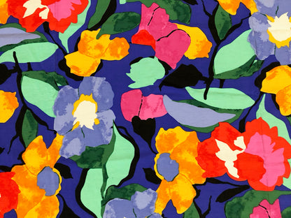 Premium Rayon Airflow Fabric — Painted Garden Blooms on Cobalt Blue — 100% Rayon, No Stretch, 58" Wide — By the Yard (AFRPR01)