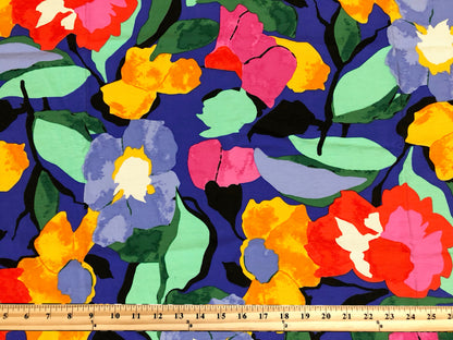 Premium Rayon Airflow Fabric — Painted Garden Blooms on Cobalt Blue — 100% Rayon, No Stretch, 58" Wide — By the Yard (AFRPR01)