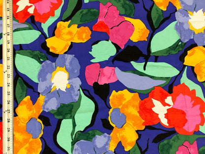 Premium Rayon Airflow Fabric — Painted Garden Blooms on Cobalt Blue — 100% Rayon, No Stretch, 58" Wide — By the Yard (AFRPR01)