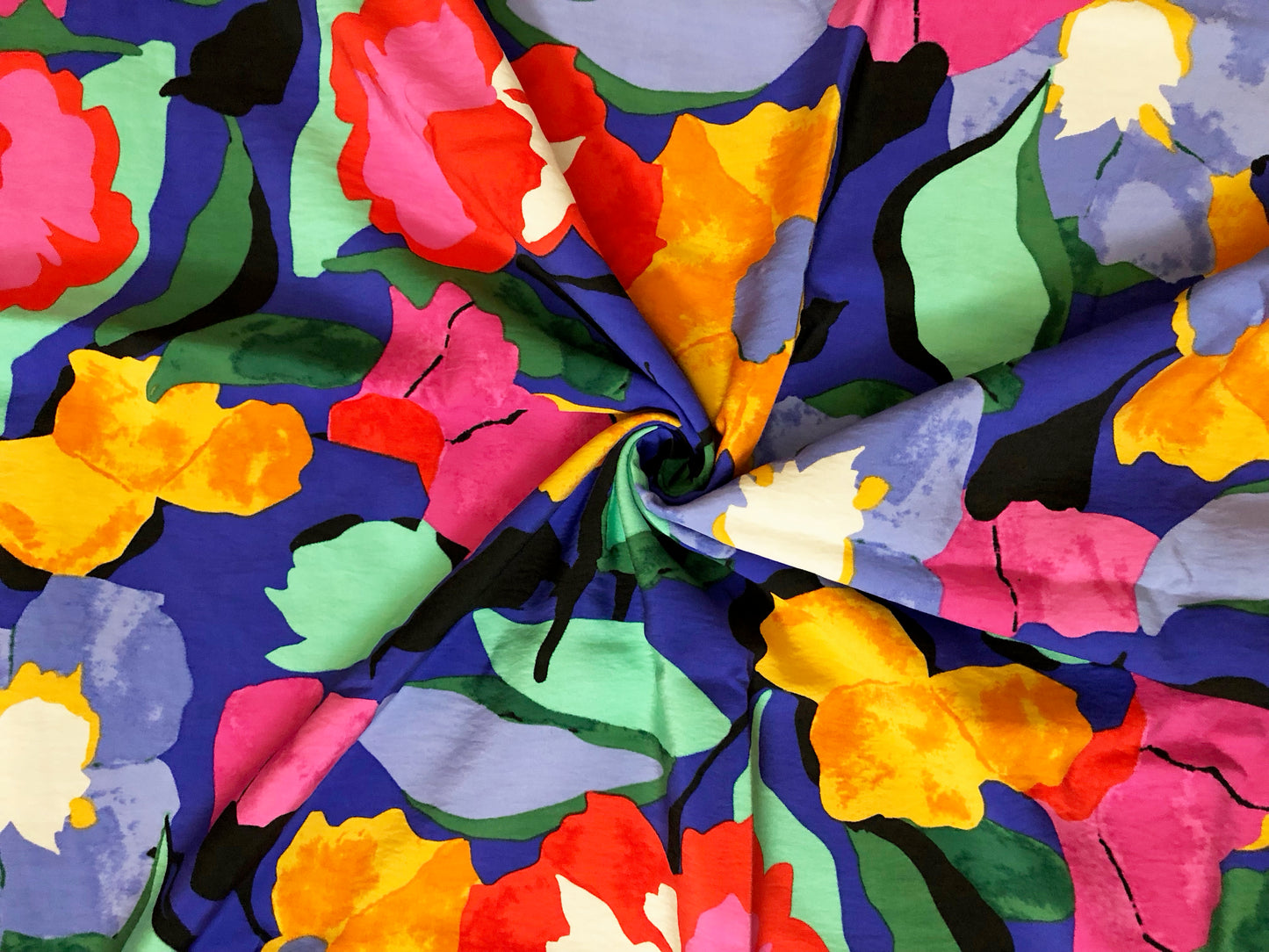 Premium Rayon Airflow Fabric — Painted Garden Blooms on Cobalt Blue — 100% Rayon, No Stretch, 58" Wide — By the Yard (AFRPR01)