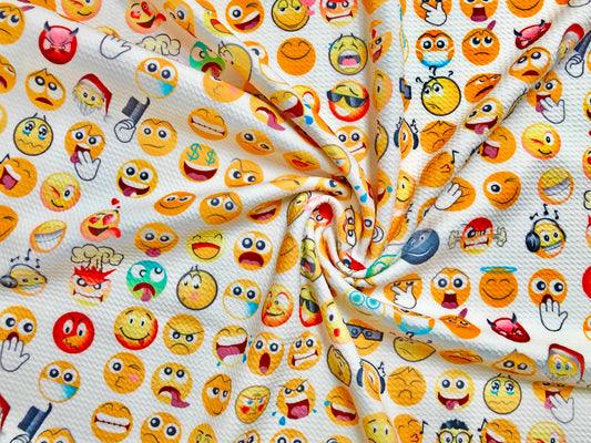 White/Yellow Emoji Faces Bullet Knit Fabric – Textured 4 Way Stretch, 58" Wide, 200 GSM – By the Yard (BPR146)