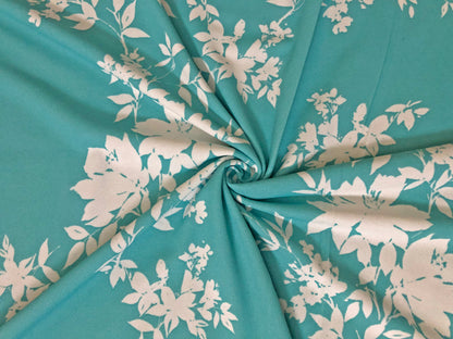 Techno Crepe Printed Fabric-Aqua White Flowers Bouquet-TCRP074-Sold by the Yard