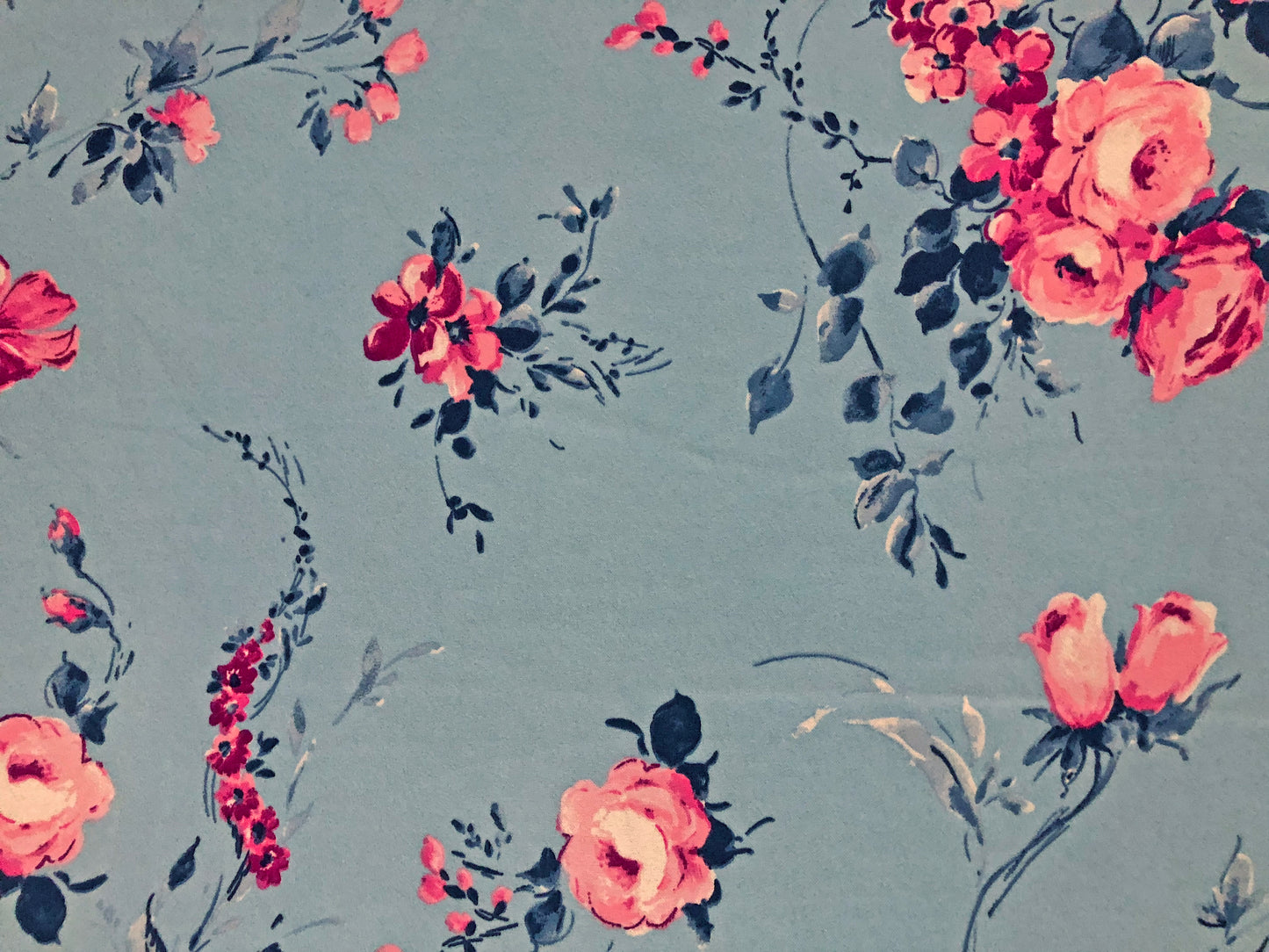 Techno Crepe Printed Fabric-Baby Blue Pink Roses-TCRP068-Sold by the Yard