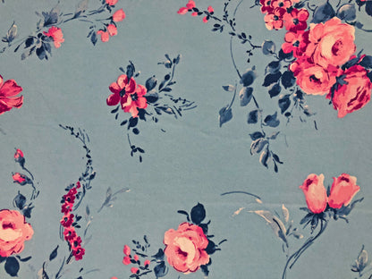 Techno Crepe Printed Fabric-Baby Blue Pink Roses-TCRP068-Sold by the Yard