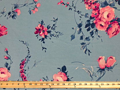 Techno Crepe Printed Fabric-Baby Blue Pink Roses-TCRP068-Sold by the Yard