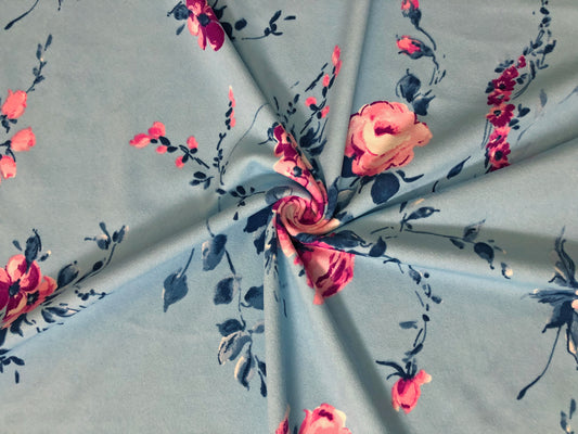 Techno Crepe Printed Fabric-Baby Blue Pink Roses-TCRP068-Sold by the Yard