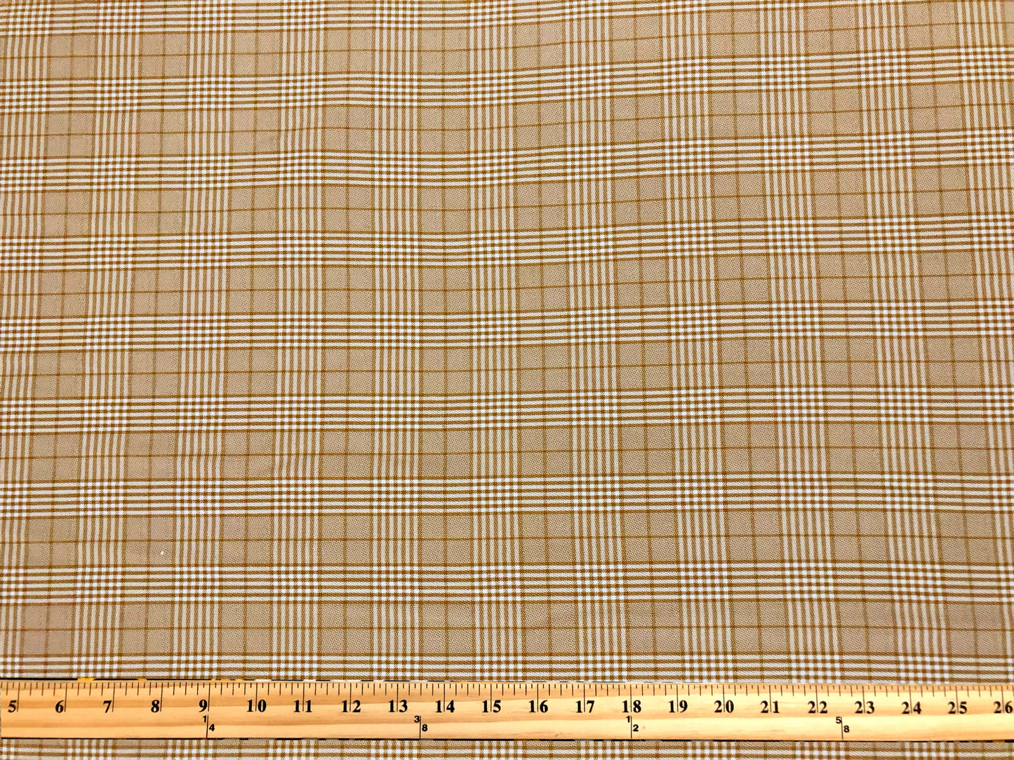 Stretch Gabardine – Golden Sand Windowpane Plaid (Camel/Taupe & Cream) – 2-Way Stretch, 180 GSM, 58" Wide – By the Yard (GBKPR01)