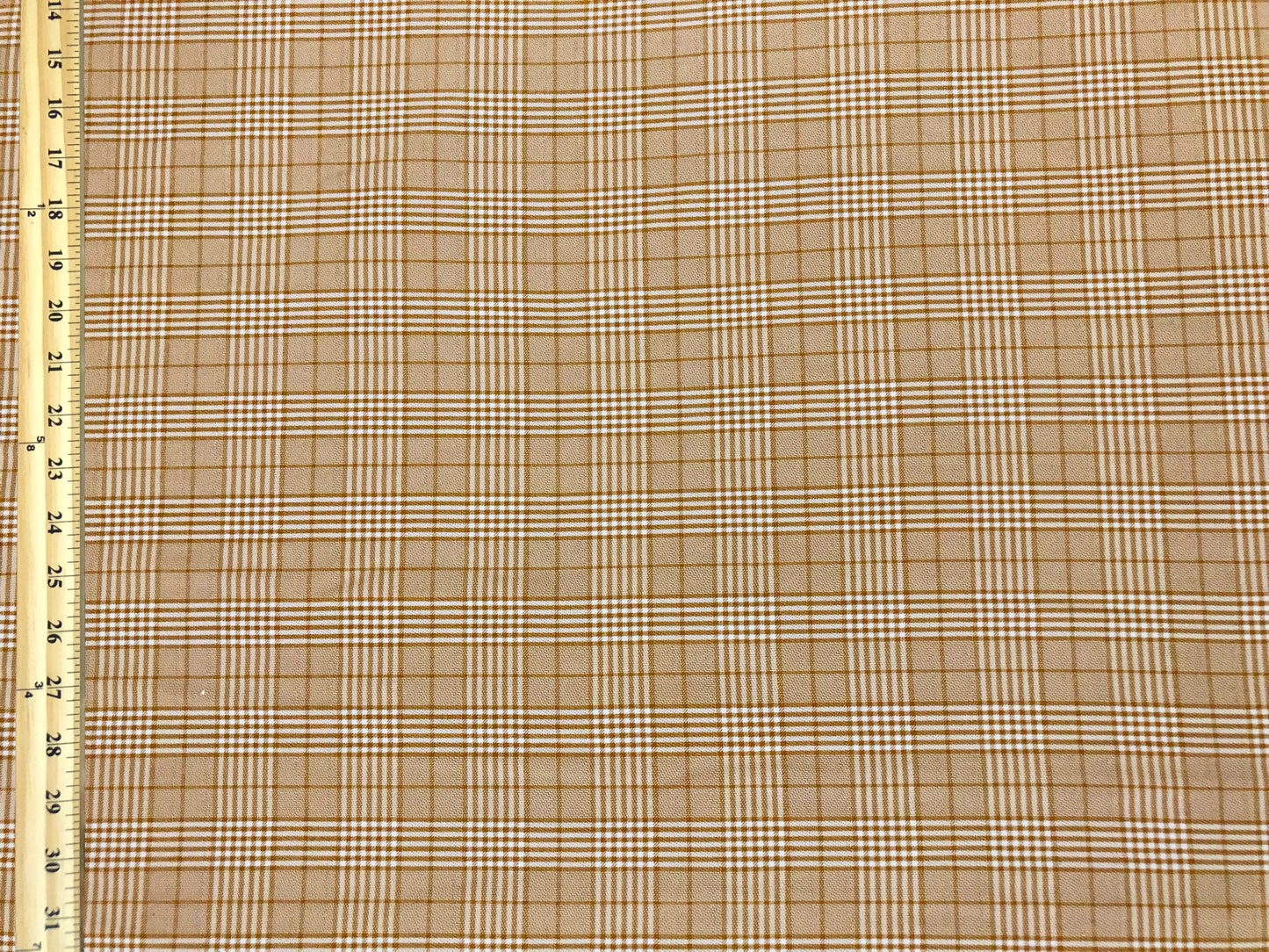 Stretch Gabardine – Golden Sand Windowpane Plaid (Camel/Taupe & Cream) – 2-Way Stretch, 180 GSM, 58" Wide – By the Yard (GBKPR01)